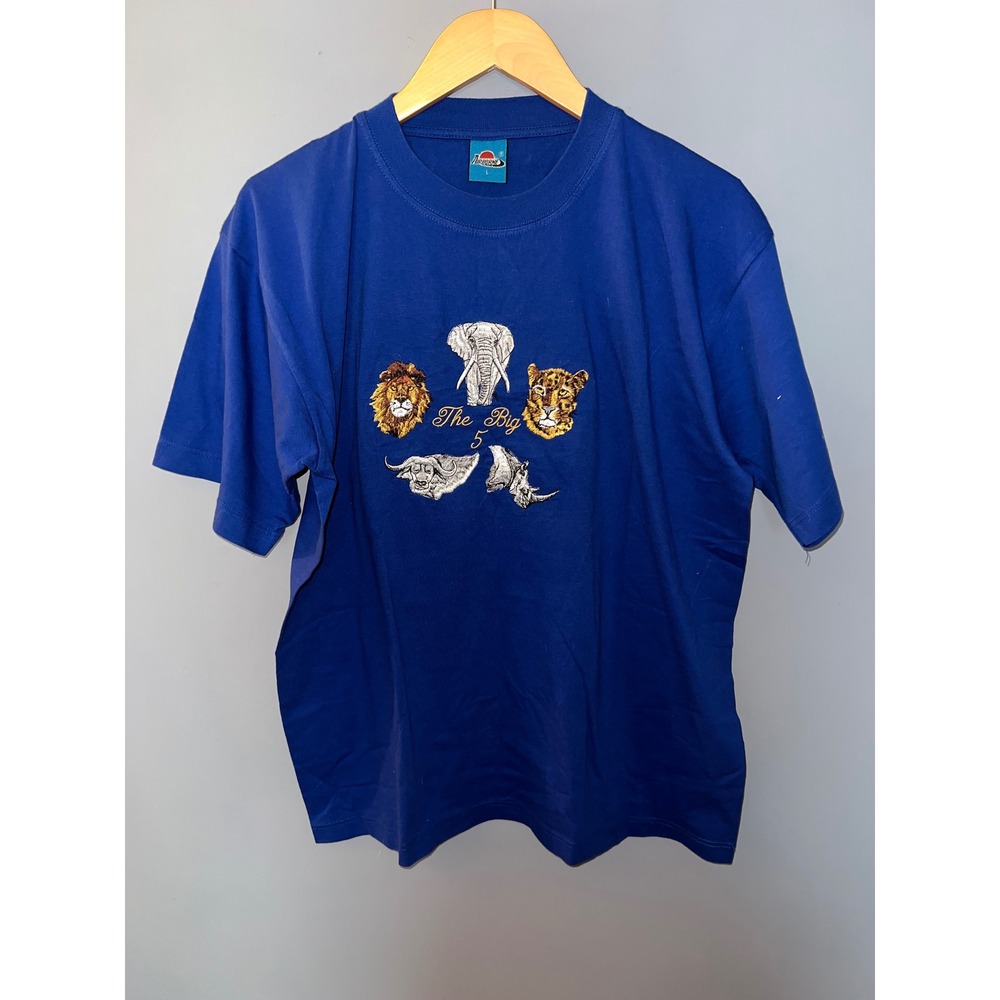 Airborne Royal Blue The Big 5 Safari Animals Embroidered T-Shirt Mens Large